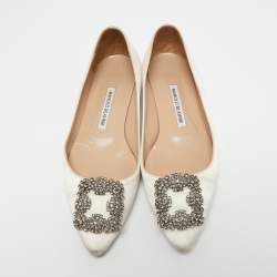 Pre Owned Manolo Blahnik Off-White Satin Hangisi Ballet Flats Size 37.5