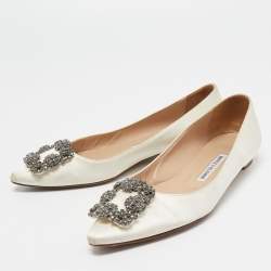 Pre Owned Manolo Blahnik Off-White Satin Hangisi Ballet Flats Size 37.5