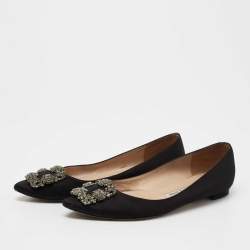 Pre Owned Manolo Blahnik Black Satin Hangisi  Flats Size 37.5