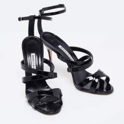 Pre Owned Manolo Blahnik Black Patent Leather Cross Strap Open Toe Sandals Size 38.5