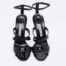 Pre Owned Manolo Blahnik Black Patent Leather Cross Strap Open Toe Sandals Size 38.5