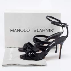 Pre Owned Manolo Blahnik Black Patent Leather Cross Strap Open Toe Sandals Size 38.5