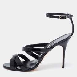 Pre Owned Manolo Blahnik Black Patent Leather Cross Strap Open Toe Sandals Size 38.5
