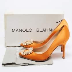 Pre Owned Manolo Blahnik Orange Satin Hangisi Pumps Size 36.5