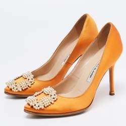 Pre Owned Manolo Blahnik Orange Satin Hangisi Pumps Size 36.5