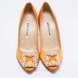 Pre Owned Manolo Blahnik Orange Satin Hangisi Pumps Size 36.5