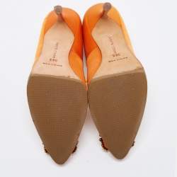 Pre Owned Manolo Blahnik Orange Satin Hangisi Pumps Size 36.5