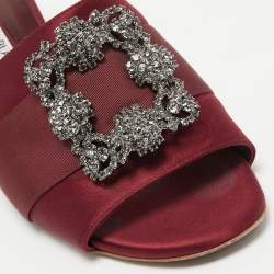 Pre Owned Manolo Blahnik Burgundy Satin Martamod Crystal Embellished Mules Size 41