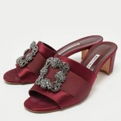 Pre Owned Manolo Blahnik Burgundy Satin Martamod Crystal Embellished Mules Size 41