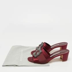 Pre Owned Manolo Blahnik Burgundy Satin Martamod Crystal Embellished Mules Size 41