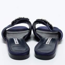 Pre Owned Manolo Blahnik Navy Blue Satin  Martamod  Flat Sandals Size 38