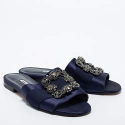 Pre Owned Manolo Blahnik Navy Blue Satin  Martamod  Flat Sandals Size 38