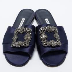 Pre Owned Manolo Blahnik Navy Blue Satin  Martamod  Flat Sandals Size 38