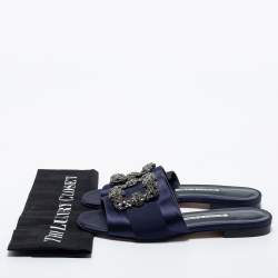 Pre Owned Manolo Blahnik Navy Blue Satin  Martamod  Flat Sandals Size 38