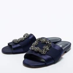 Pre Owned Manolo Blahnik Navy Blue Satin  Martamod  Flat Sandals Size 38