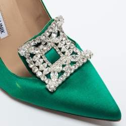 Pre Owned Manolo Blahnik Green Satin Borlak Pumps Size 37.5
