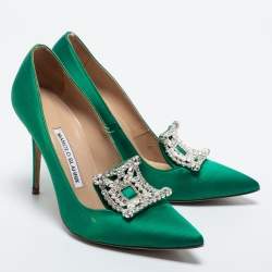 Pre Owned Manolo Blahnik Green Satin Borlak Pumps Size 37.5