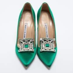Pre Owned Manolo Blahnik Green Satin Borlak Pumps Size 37.5