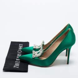 Pre Owned Manolo Blahnik Green Satin Borlak Pumps Size 37.5