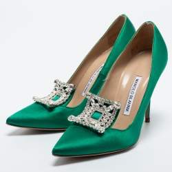 Pre Owned Manolo Blahnik Green Satin Borlak Pumps Size 37.5