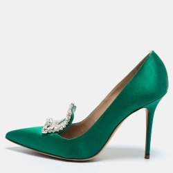 Pre Owned Manolo Blahnik Green Satin Borlak Pumps Size 37.5