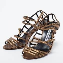 Pre Owned Manolo Blahnik Metallic Leather Strappy Sandals Size 37