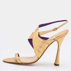 Pre Owned Manolo Blahnik Gold Leather Ankle Strap Sandals Size 41