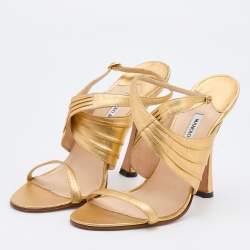Pre Owned Manolo Blahnik Gold Leather Ankle Strap Sandals Size 41