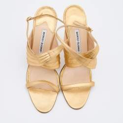 Pre Owned Manolo Blahnik Gold Leather Ankle Strap Sandals Size 41