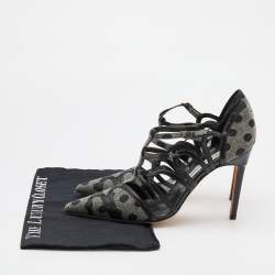 Pre Owned Manolo Blahnik Grey/Black Polka Dot Canvas and Leather Strappy Sandals Size 40.5