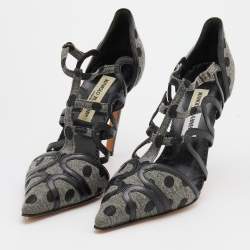 Pre Owned Manolo Blahnik Grey/Black Polka Dot Canvas and Leather Strappy Sandals Size 40.5