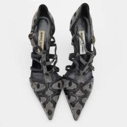 Pre Owned Manolo Blahnik Grey/Black Polka Dot Canvas and Leather Strappy Sandals Size 40.5