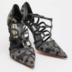 Pre Owned Manolo Blahnik Grey/Black Polka Dot Canvas and Leather Strappy Sandals Size 40.5