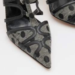 Pre Owned Manolo Blahnik Grey/Black Polka Dot Canvas and Leather Strappy Sandals Size 40.5