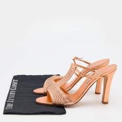 Pre Owned Manolo Blahnik Metallic Bronze Woven Leather T-Strap Sandals Size 41