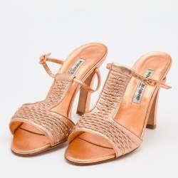 Pre Owned Manolo Blahnik Metallic Bronze Woven Leather T-Strap Sandals Size 41