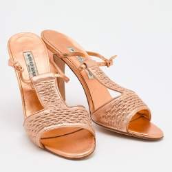 Pre Owned Manolo Blahnik Metallic Bronze Woven Leather T-Strap Sandals Size 41