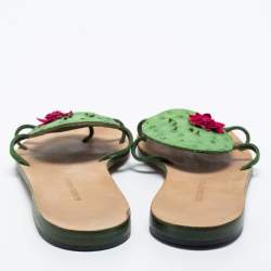 Pre Owned Manolo Blahnik Green Ostrich Leather Flat Sides Size 38