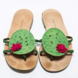 Pre Owned Manolo Blahnik Green Ostrich Leather Flat Sides Size 38