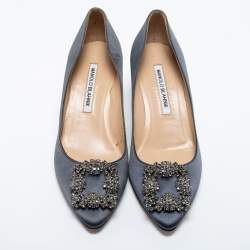 Pre Owned Manolo Blahnik Dark Grey Satin Hangisi Pumps Size 36.5