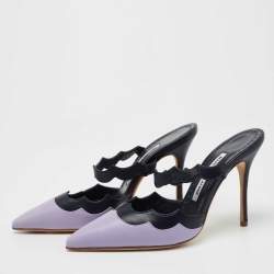 Pre Owned Manolo Blahnik Navy Blue/Purple Scalloped Leather Gimenta Mules Size 37