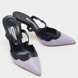Pre Owned Manolo Blahnik Navy Blue/Purple Scalloped Leather Gimenta Mules Size 37