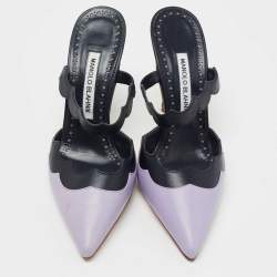 Pre Owned Manolo Blahnik Navy Blue/Purple Scalloped Leather Gimenta Mules Size 37