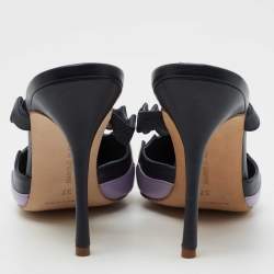 Pre Owned Manolo Blahnik Navy Blue/Purple Scalloped Leather Gimenta Mules Size 37