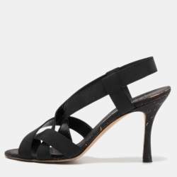 Pre Owned Manolo Blahnik Black Fabric Lasti Cork Strappy Sandals Size 38.5 
