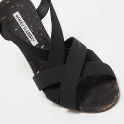 Pre Owned Manolo Blahnik Black Fabric Lasti Cork Strappy Sandals Size 38.5 