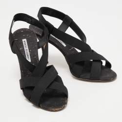 Pre Owned Manolo Blahnik Black Fabric Lasti Cork Strappy Sandals Size 38.5 