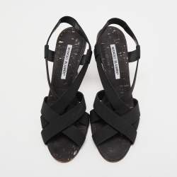 Pre Owned Manolo Blahnik Black Fabric Lasti Cork Strappy Sandals Size 38.5 