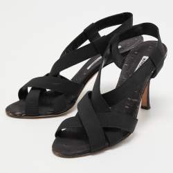 Pre Owned Manolo Blahnik Black Fabric Lasti Cork Strappy Sandals Size 38.5 