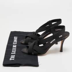 Pre Owned Manolo Blahnik Black Fabric Lasti Cork Strappy Sandals Size 38.5 